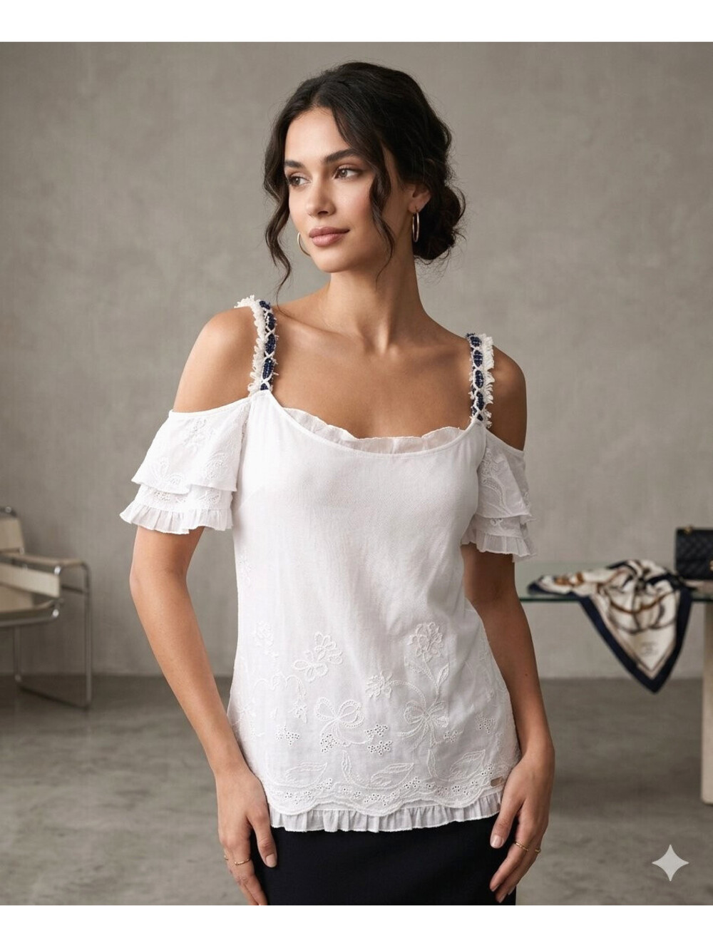 2005 CHANEL 05P Cotton Pointelle Trim Tank Blouse Top FR-36 Vintage Mesh White